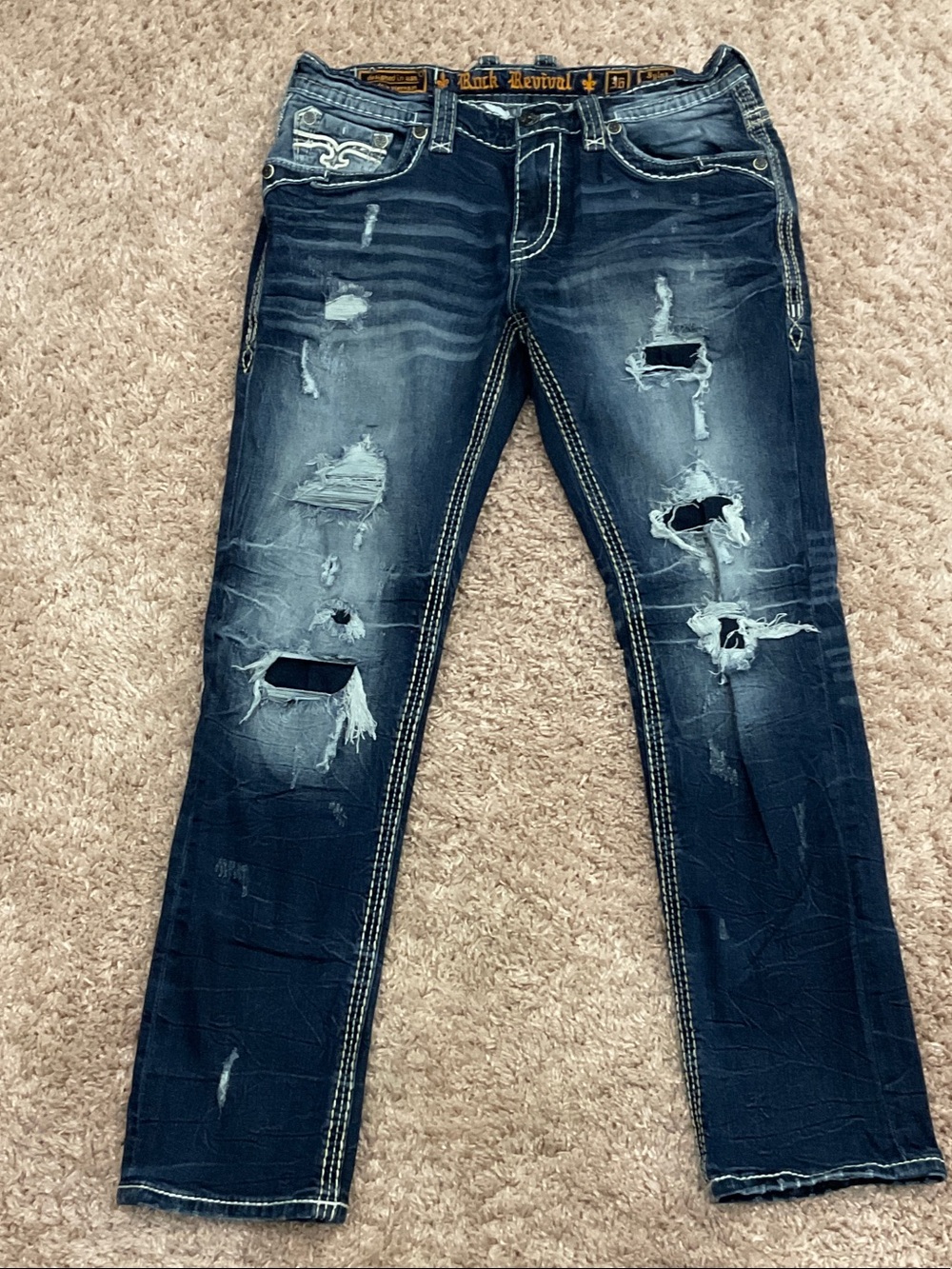 Men’s Rock Revival Distressed Straight Jeans - Dark Blue Wash